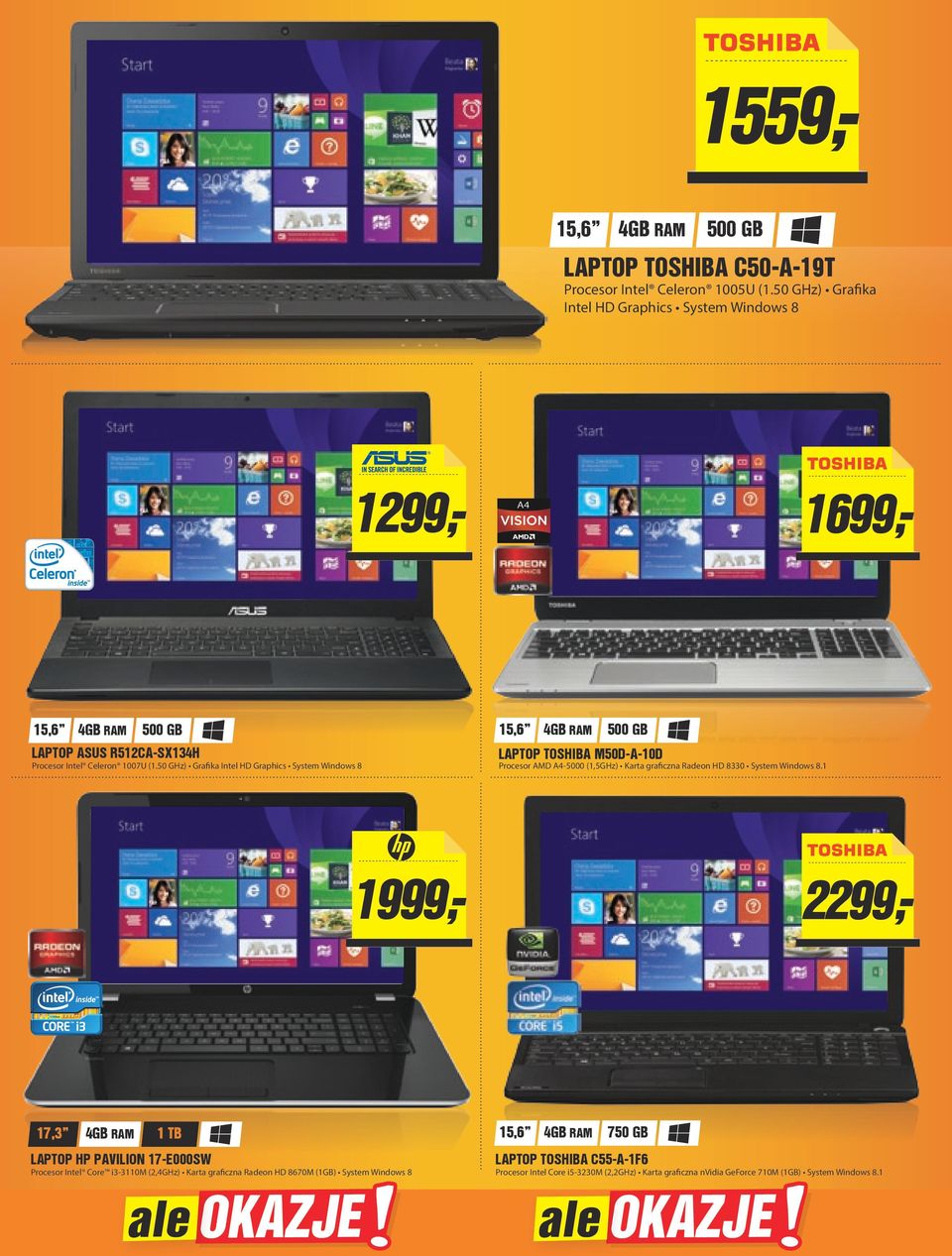 50 GHz) Grafika Intel HD Graphics System Windows 8 500 GB LAPTOP TOSHIBA M50D-A-10D Procesor AMD A4-5000 (1,5GHz) Karta graficzna Radeon HD 8330 System Windows 8.