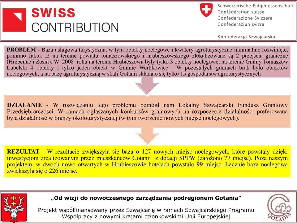 W pozostałych gminach brak było obiektów noclegowych, a na bazę agroturystyczną w skali Gotanii składało się tylko 15 gospodarstw agroturystycznych DZIAŁANIE - W rozwiązaniu tego problemu pomógł nam