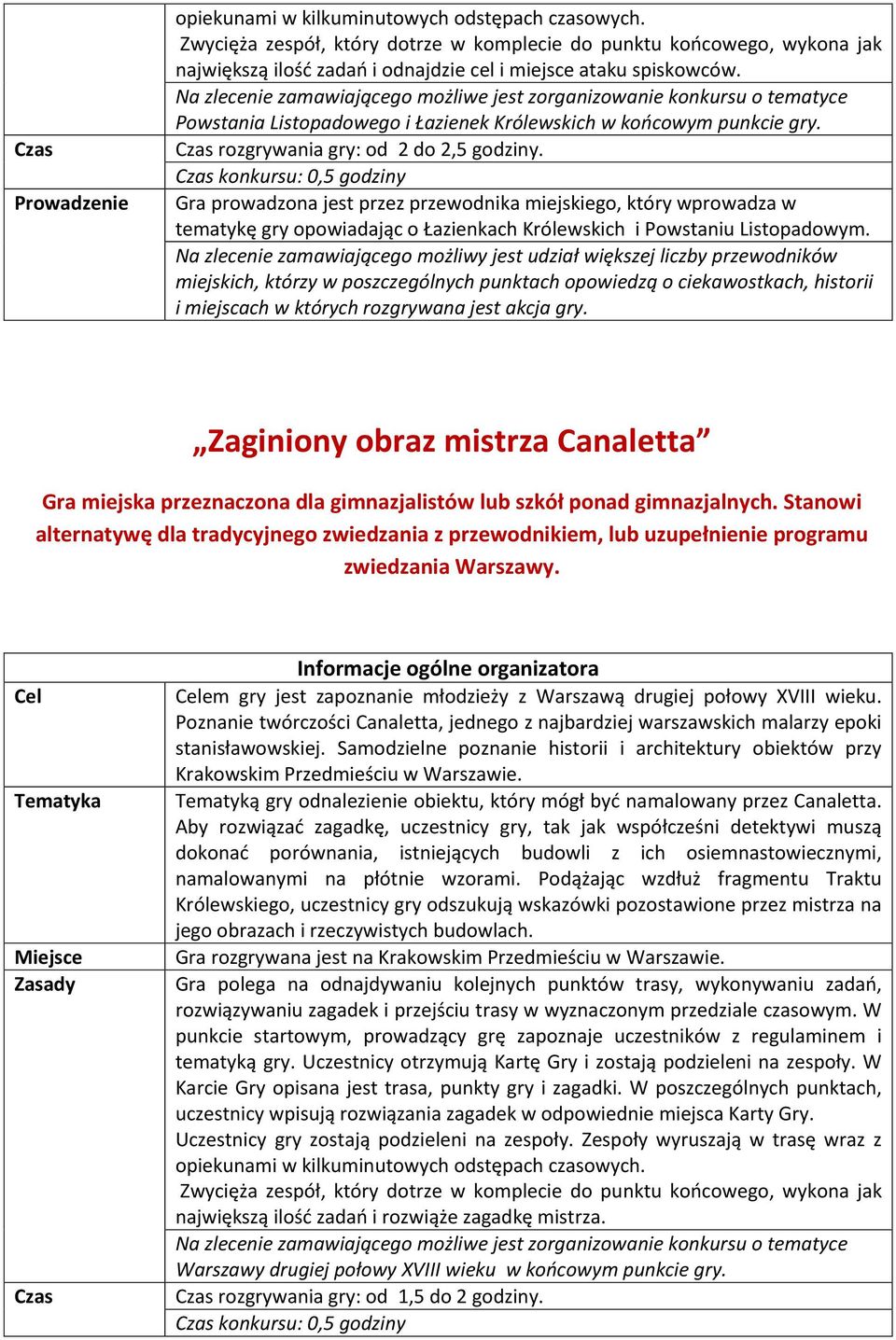 Stanowi alternatywę dla tradycyjnego zwiedzania z przewodnikiem, lub uzupełnienie programu em gry jest zapoznanie młodzieży z Warszawą drugiej połowy XVIII wieku.