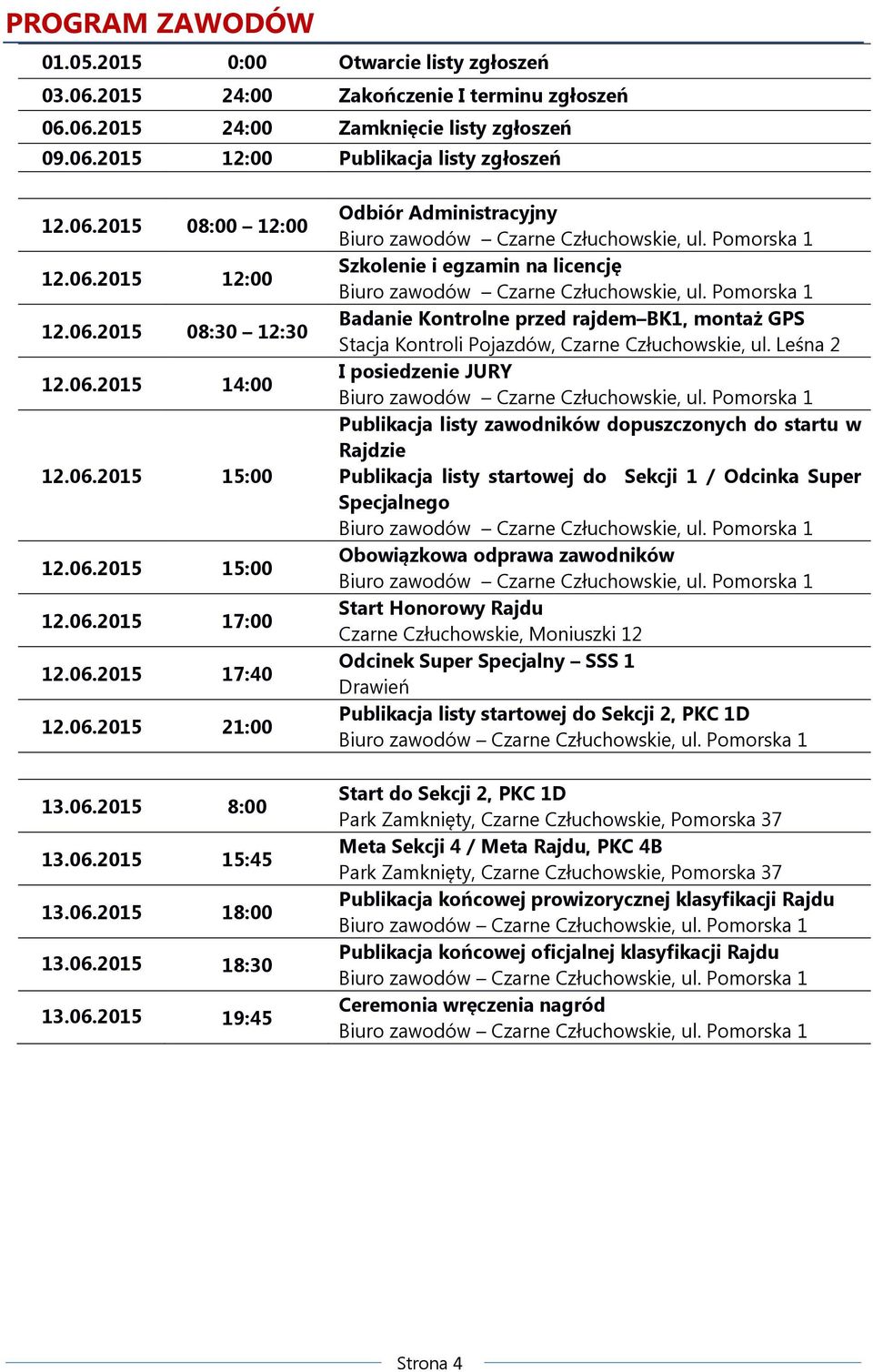 06.2015 19:45 Odbiór Administracyjny Szkolenie i egzamin na licencję Badanie Kontrolne przed rajdem BK1, montaż GPS Stacja Kontroli Pojazdów, Czarne Człuchowskie, ul.