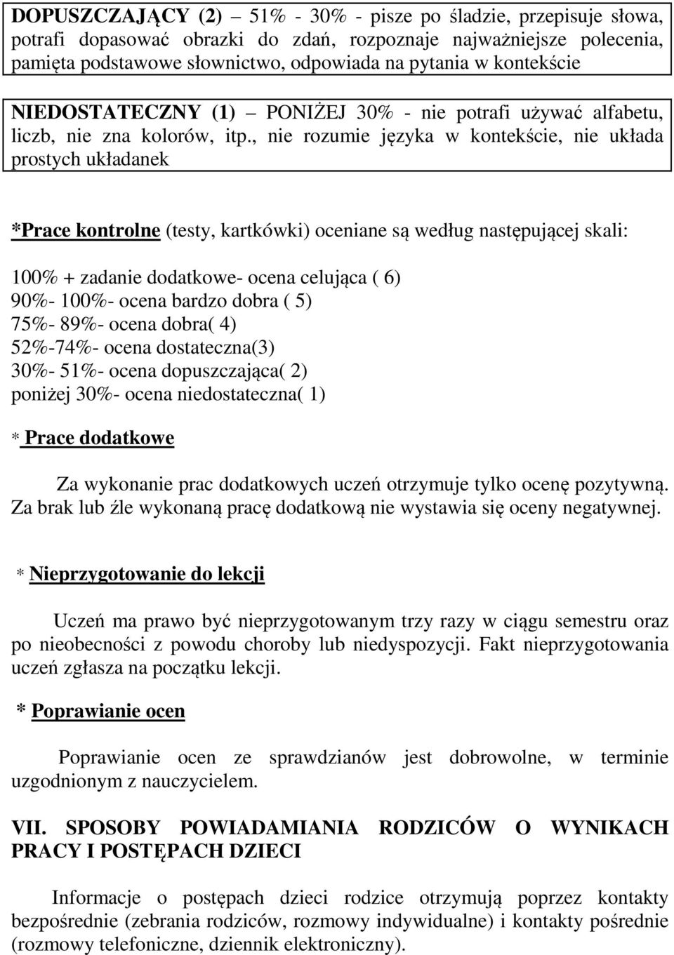 , nie rozumie języka w kontekście, nie układa prostych układanek *Prace kontrolne (testy, kartkówki) oceniane są według następującej skali: 100% + zadanie dodatkowe- ocena celująca ( 6) 90%- 100%-