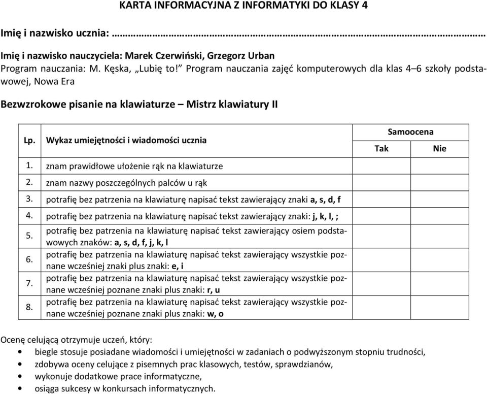 potrafię bez patrzenia na klawiaturę napisać tekst zawierający znaki: j, k, l, ; 5. 6. 7. 8.