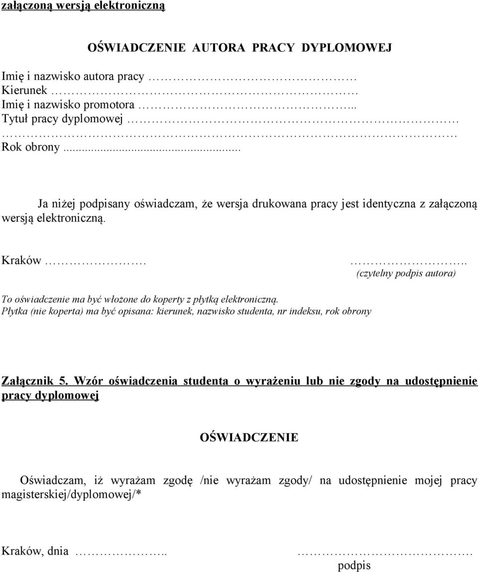 .. (czytelny podpis autora) To oświadczenie ma być włożone do koperty z płytką elektroniczną.