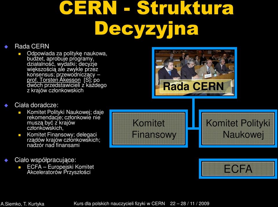 Torsten Ǻkesson [S]; po dwóch przedstawicieli z każdego z krajów członkowskich Rada CERN Ciała doradcze: Komitet Polityki Naukowej; daje