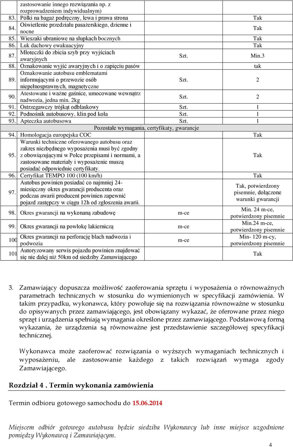 Oznakowanie wyjść awaryjnych i o zapięciu pasów tak Oznakowanie autobusu emblematami 89. informującymi o przewozie osób Szt.