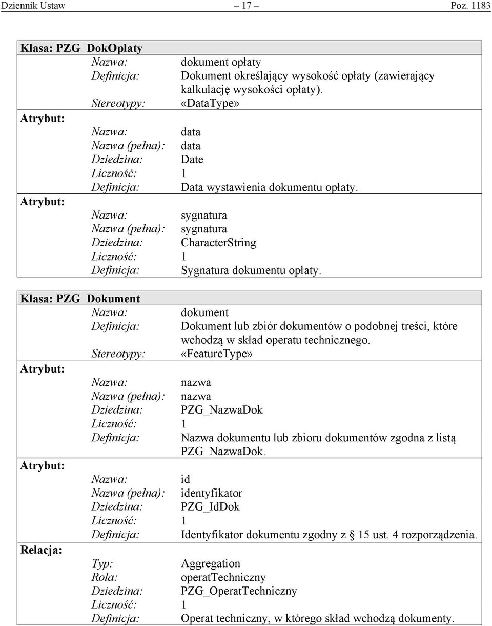 «DataType» data data Dziedzina: Date Definicja: Data wystawienia dokumentu opłaty. sygnatura sygnatura Dziedzina: CharacterString Definicja: Sygnatura dokumentu opłaty.