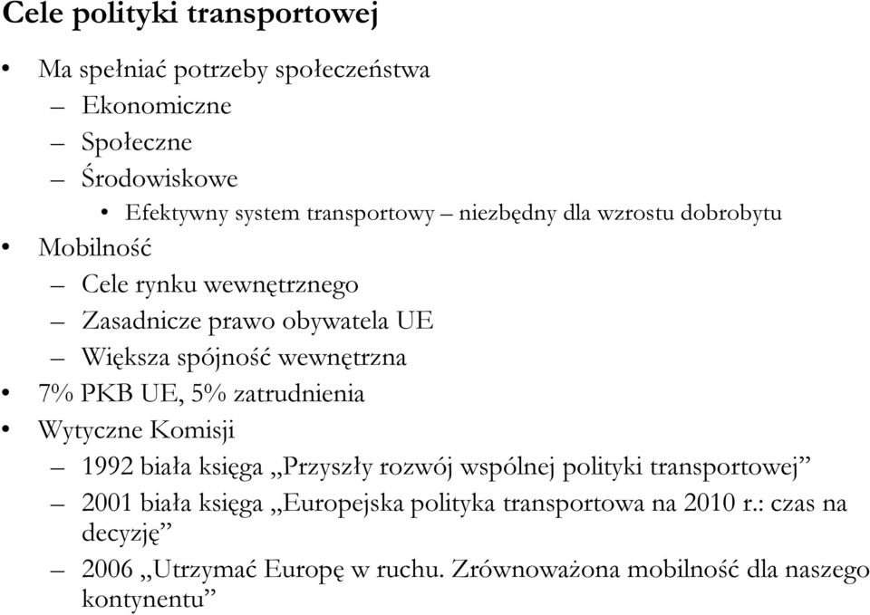 PKB UE, 5% zatrudnienia Wytyczne Komisji 1992 biała księga Przyszły rozwój wspólnej polityki transportowej 2001 biała księga