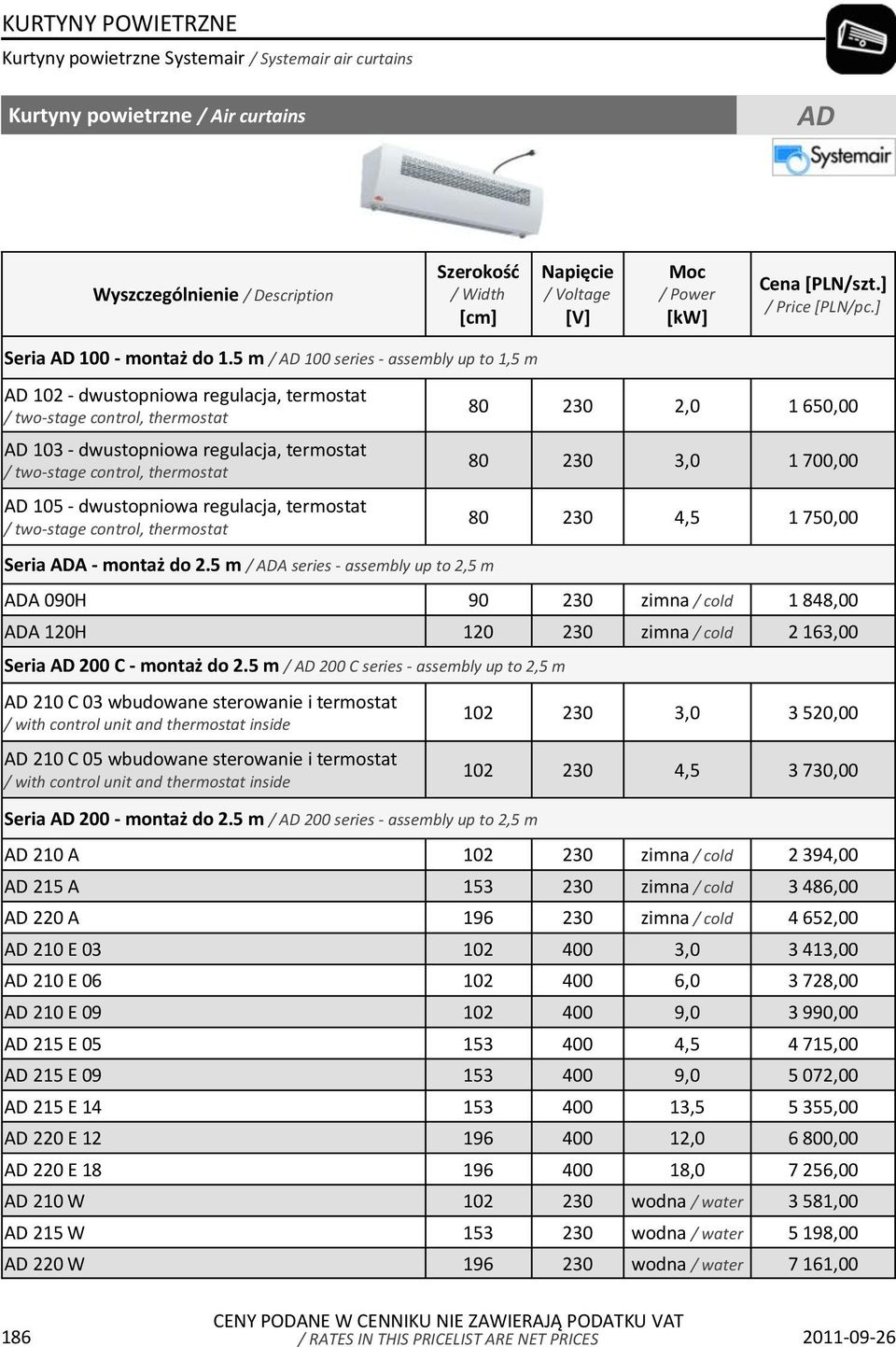 - dwustopniowa regulacja, termostat / two-stage control, thermostat 80 230 2,0 1 650,00 80 230 3,0 1 700,00 80 230 4,5 1 750,00 Seria ADA - montaż do 2.