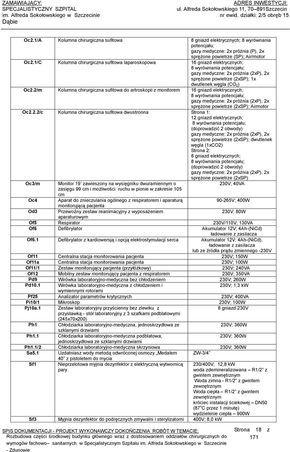 /C Kolumna chirurgiczna sufitowa laparoskopowa 6 gniazd elektrycznych; 8 wyrównania potencjału; gazy medyczne: 2x próżnia (2xP), 2x sprężone powietrze (2xSP); x dwutlenek węgla (CO 2) Oc2.