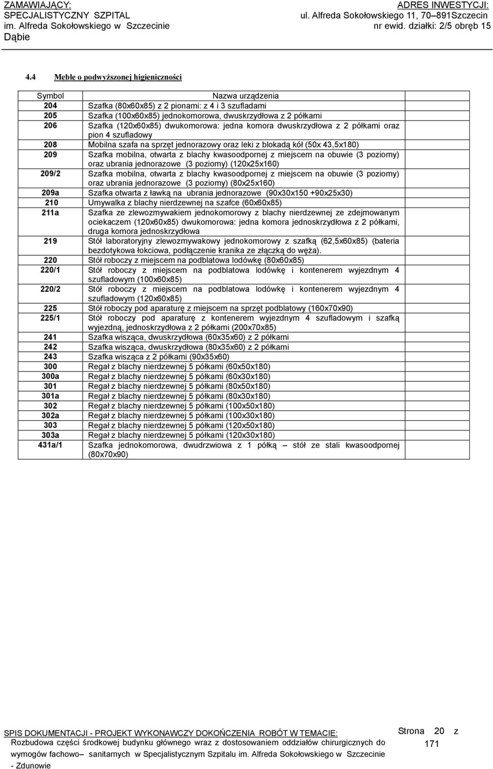 (20x60x85) dwukomorowa: jedna komora dwuskrzydłowa z 2 półkami oraz pion 4 szufladowy 208 Mobilna szafa na sprzęt jednorazowy oraz leki z blokadą kół (50x 43,5x80) 209 Szafka mobilna, otwarta z