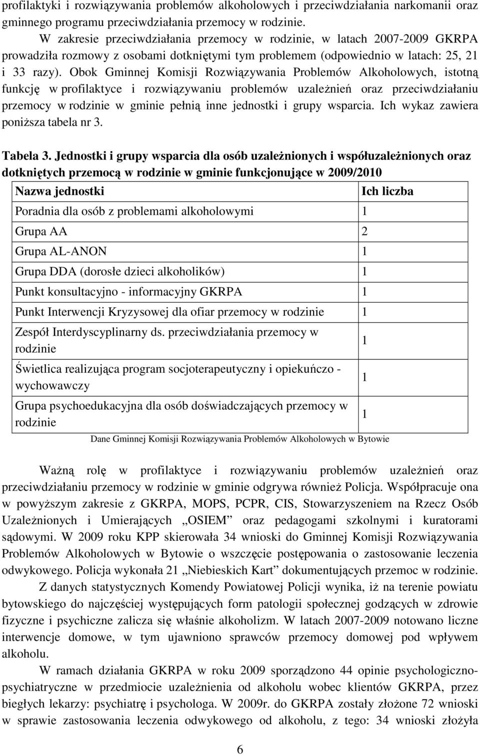 Obok Gminnej Komisji Rozwiązywania Problemów Alkoholowych, istotną funkcję w profilaktyce i rozwiązywaniu problemów uzaleŝnień oraz przeciwdziałaniu przemocy w rodzinie w gminie pełnią inne jednostki