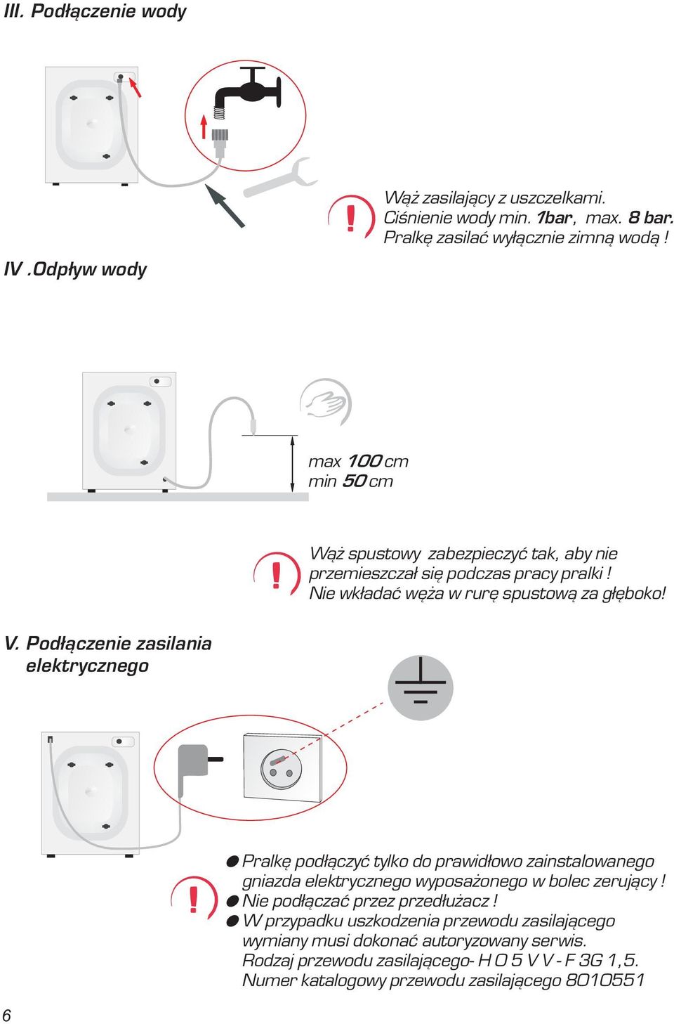 Pod³¹czenie zasilania elektrycznego O Pralkê pod³¹czyæ tylko do prawid³owo zainstalowanego gniazda elektrycznego wyposa onego w bolec zeruj¹cy!