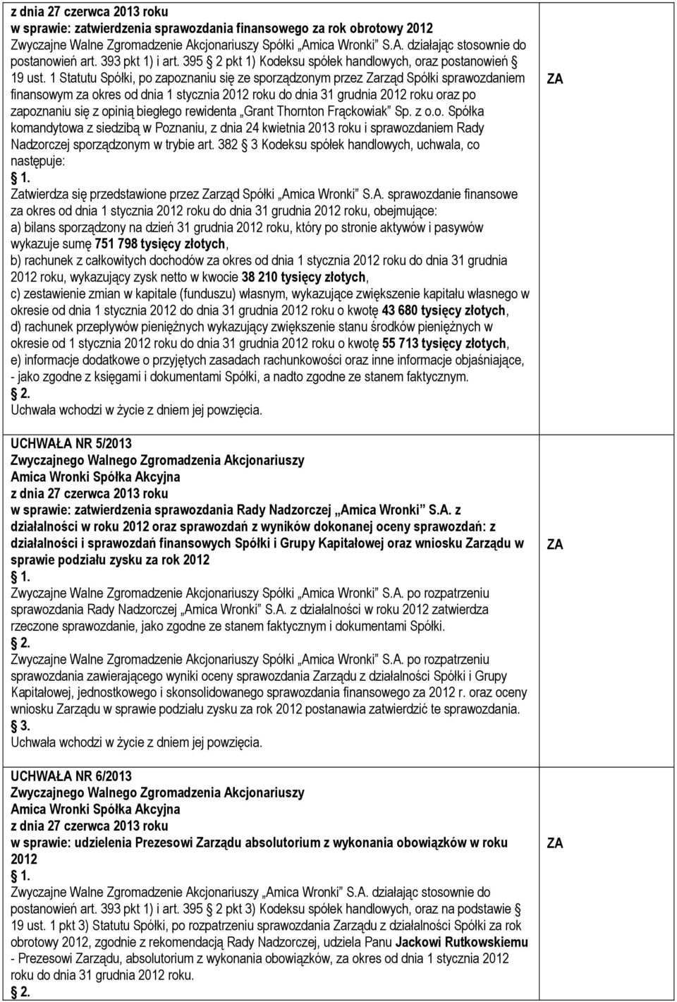 1 Statutu Spółki, po zapoznaniu się ze sporządzonym przez Zarząd Spółki sprawozdaniem finansowym za okres od dnia 1 stycznia 2012 roku do dnia 31 grudnia 2012 roku oraz po zapoznaniu się z opinią