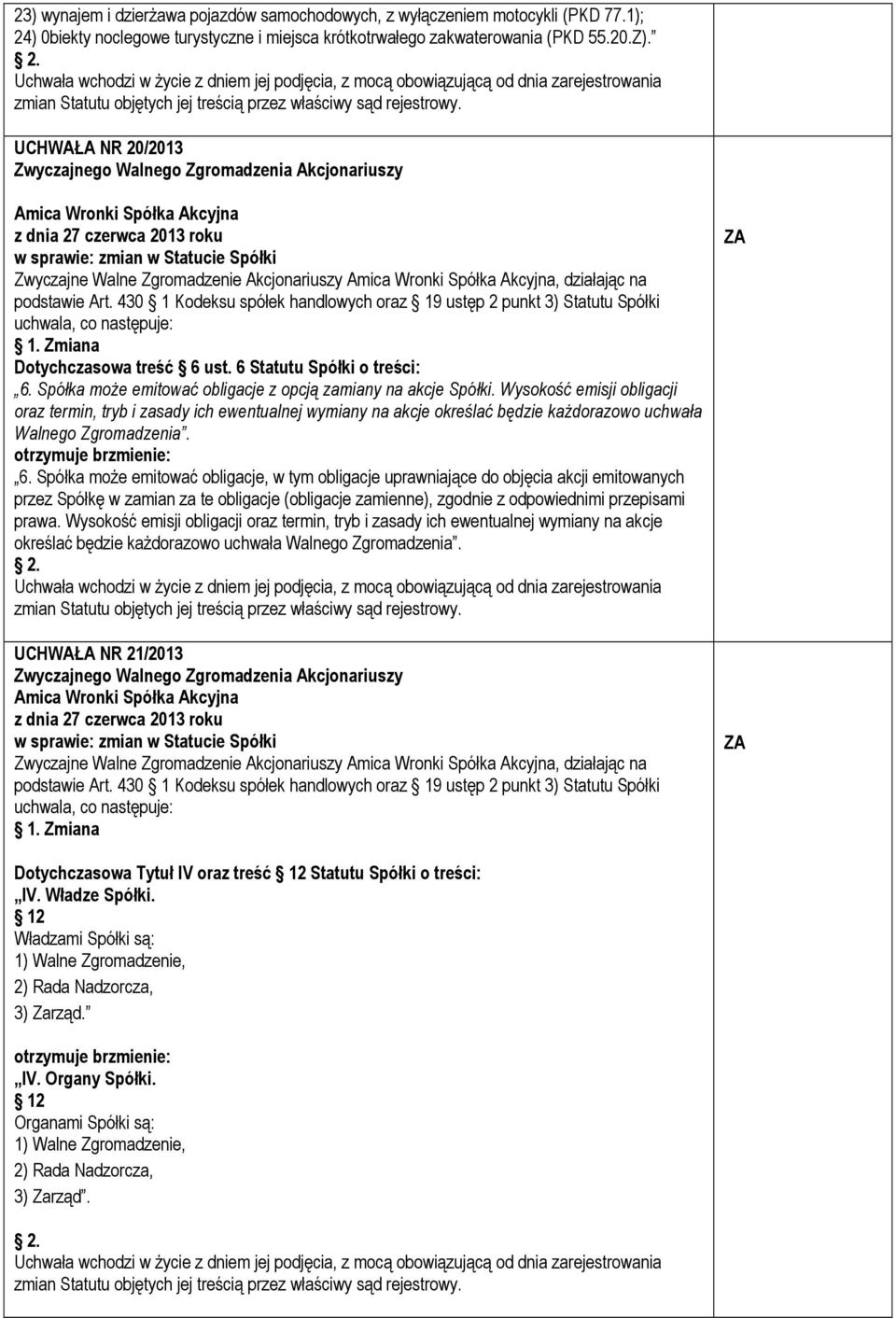 430 1 Kodeksu spółek handlowych oraz 19 ustęp 2 punkt 3) Statutu Spółki uchwala, co następuje: Zmiana Dotychczasowa treść 6 ust. 6 Statutu Spółki o treści: 6.