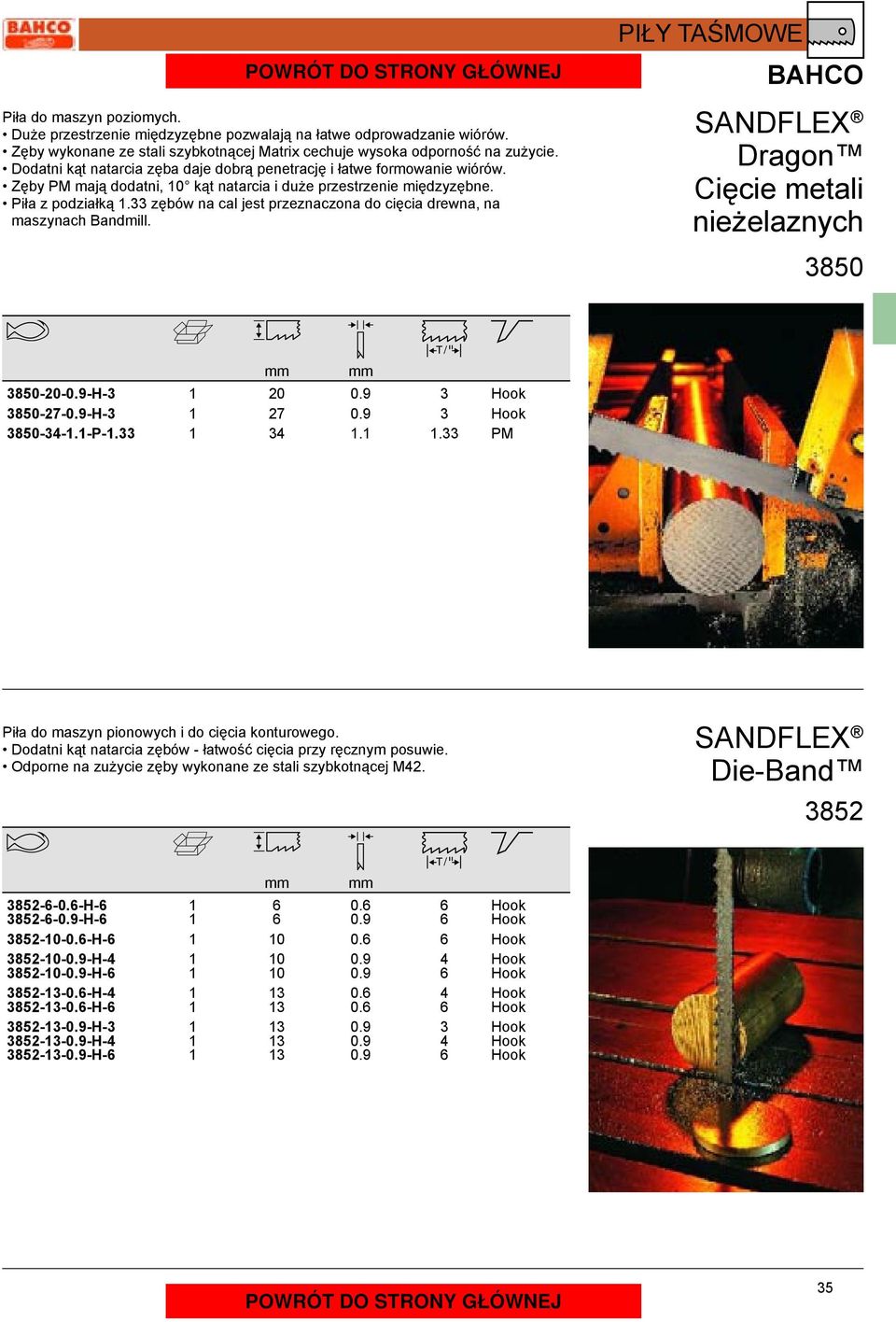 33 zębów na cal jest przeznaczona do cięcia drewna, na maszynach Bandmill. SANDFLEX Dragon Cięcie metali nieżelaznych 3850 3850-20-0.9-H-3 20 0.9 3 Hook 3850-27-0.9-H-3 27 0.9 3 Hook 3850-34-.-P-.