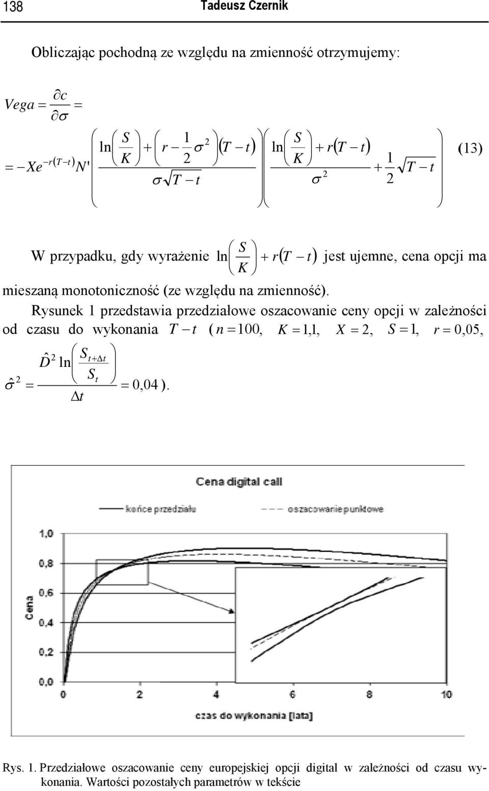 Rysunek 1 przedsawia przedziałowe oszacowanie ceny opcji w zależności od czasu do wykonania T ( n =100, K = 1,1, X =, =1, r = 0,05, ˆ σ = Dˆ