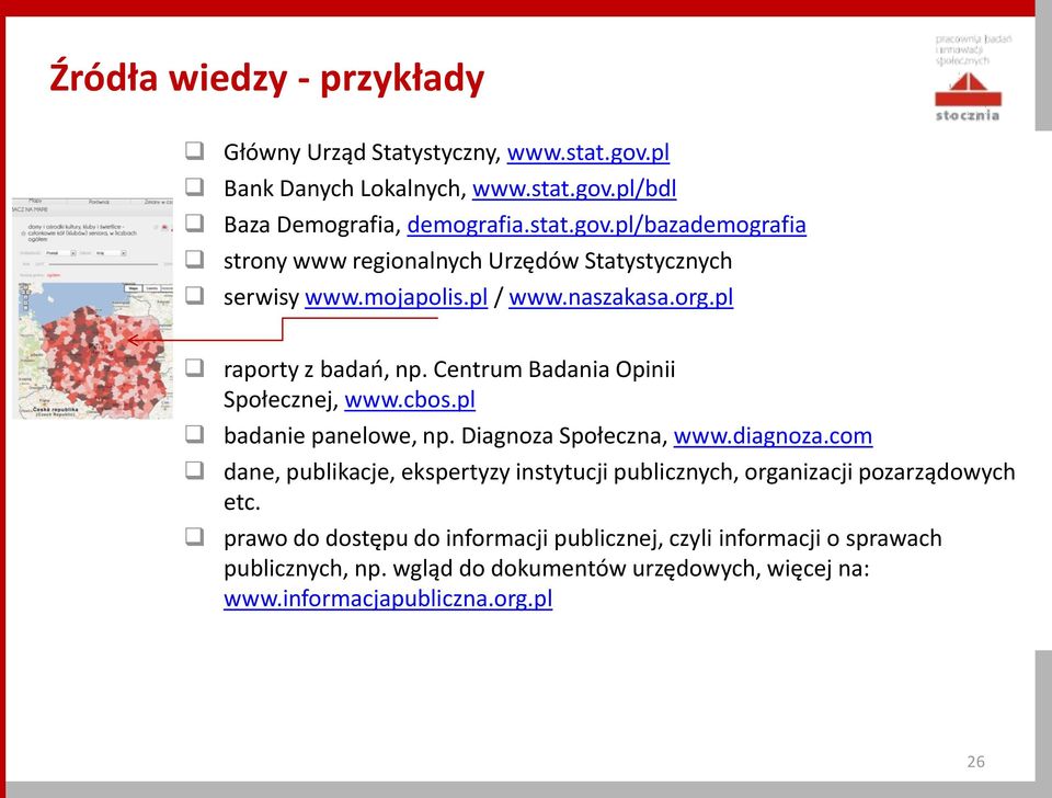 com dane, publikacje, ekspertyzy instytucji publicznych, organizacji pozarządowych etc.