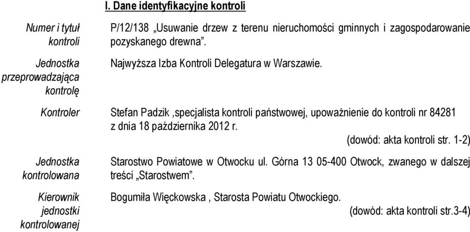 Najwyższa Izba Kontroli Delegatura w Warszawie.