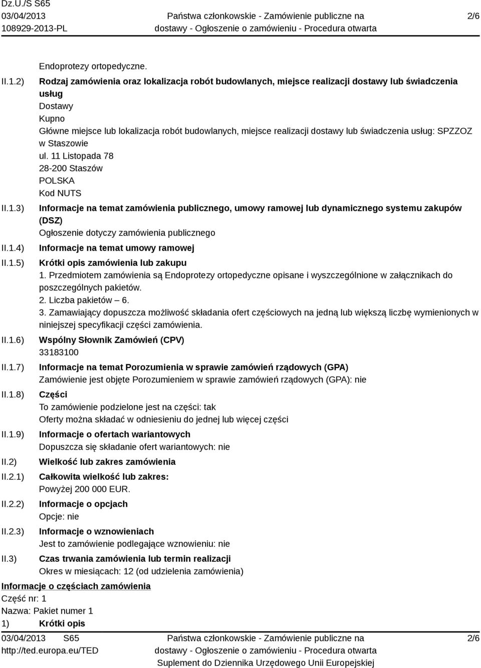 świadczenia usług: SPZZOZ w Staszowie ul.