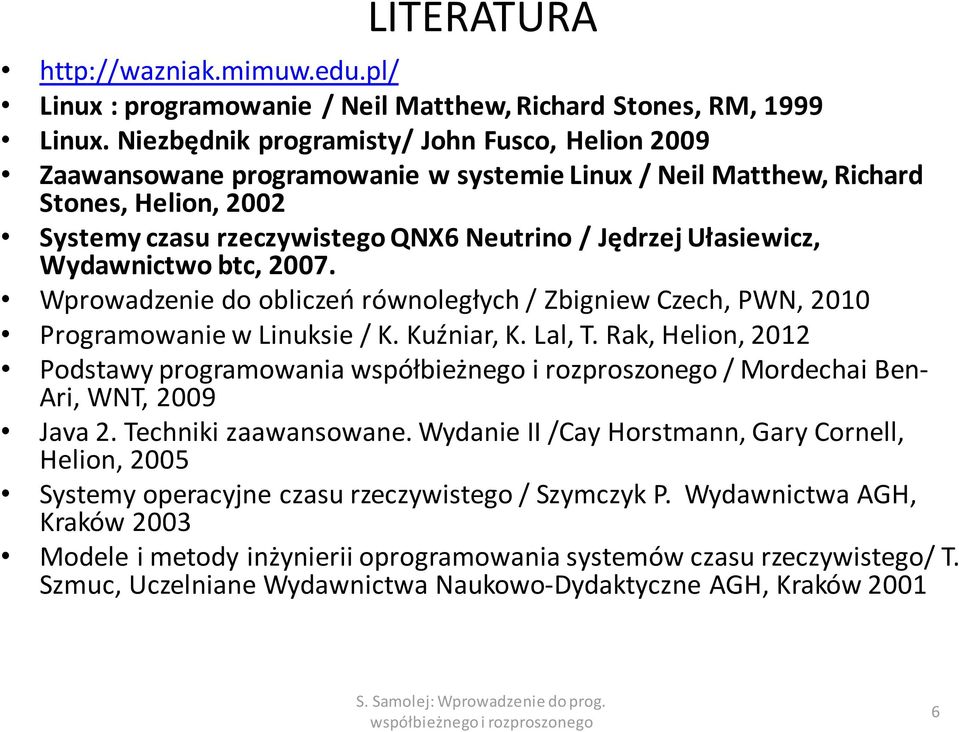 Ułasiewicz, Wydawnictwo btc, 2007. Wprowadzenie do obliczeń równoległych / Zbigniew Czech, PWN, 2010 Programowanie w Linuksie / K. Kuźniar, K. Lal, T.