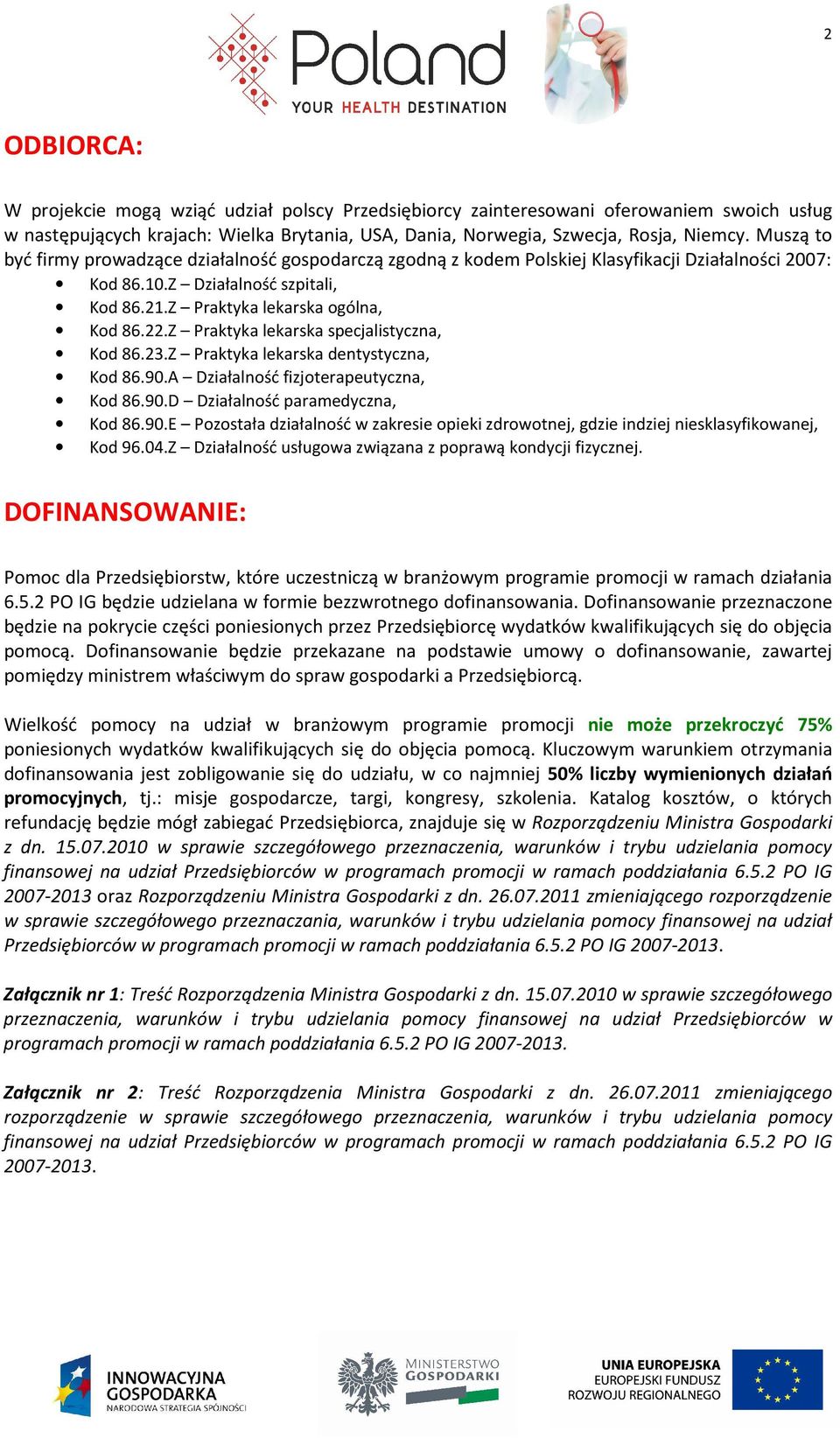 Z Praktyka lekarska specjalistyczna, Kod 86.23.Z Praktyka lekarska dentystyczna, Kod 86.90.A Działalność fizjoterapeutyczna, Kod 86.90.D Działalność paramedyczna, Kod 86.90.E Pozostała działalność w zakresie opieki zdrowotnej, gdzie indziej niesklasyfikowanej, Kod 96.