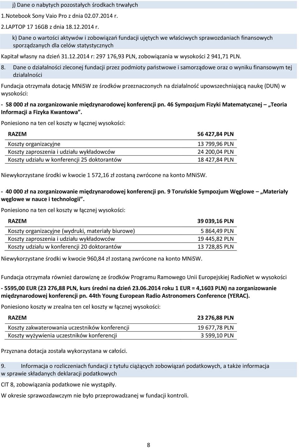 k) Dane o wartości aktywów i zobowiązań fundacji ujętych we właściwych sprawozdaniach finansowych sporządzanych dla celów statystycznych Kapitał własny na dzień 31.12.