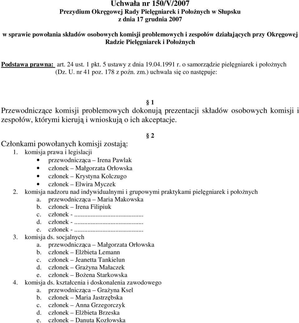 ) uchwala się co następuje: Przewodniczące komisji problemowych dokonują prezentacji składów osobowych komisji i zespołów, którymi kierują i wnioskują o ich akceptacje.