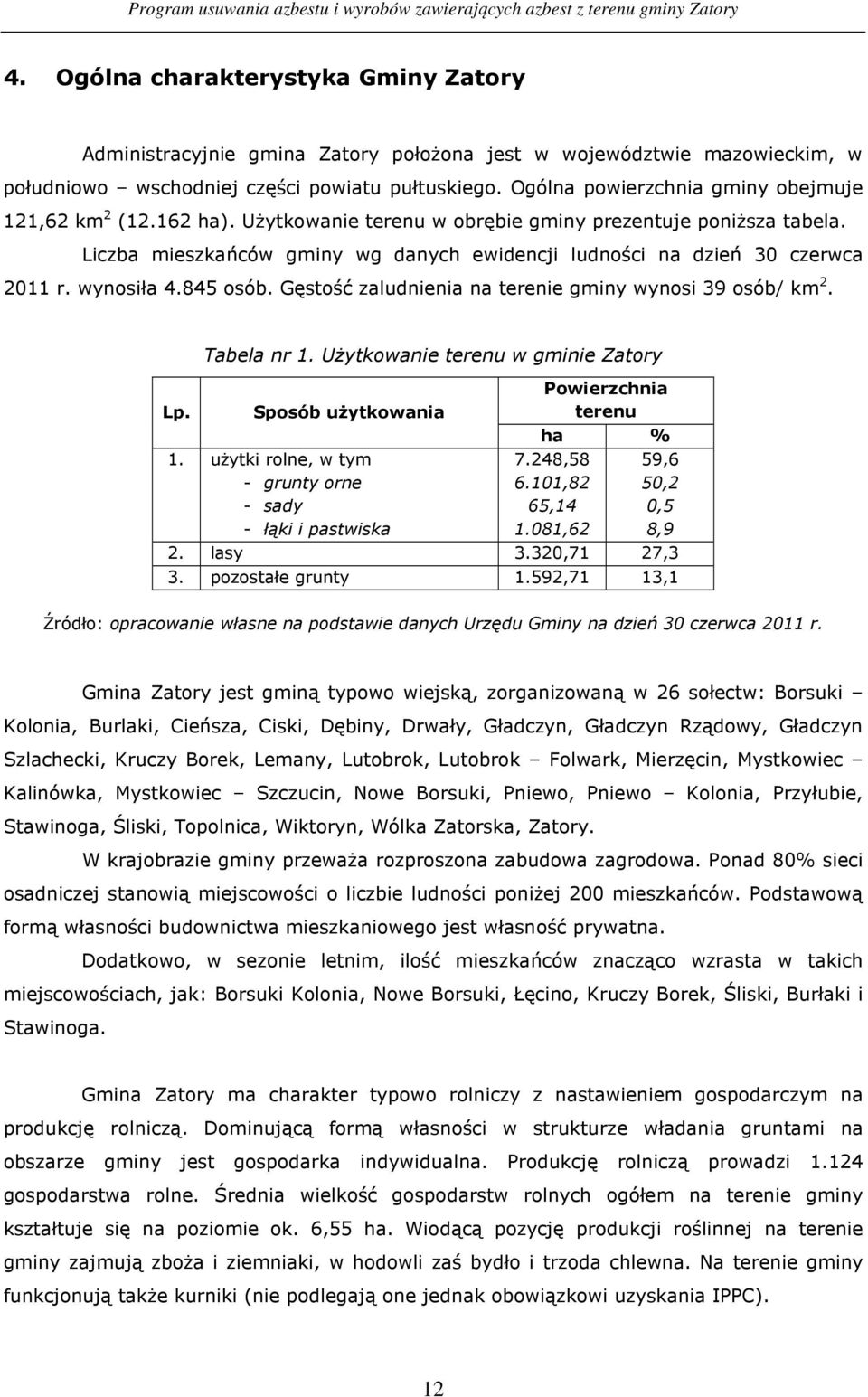 Liczba mieszkańców gminy wg danych ewidencji ludności na dzień 30 czerwca 2011 r. wynosiła 4.845 osób. Gęstość zaludnienia na terenie gminy wynosi 39 osób/ km 2. Lp. Tabela nr 1.