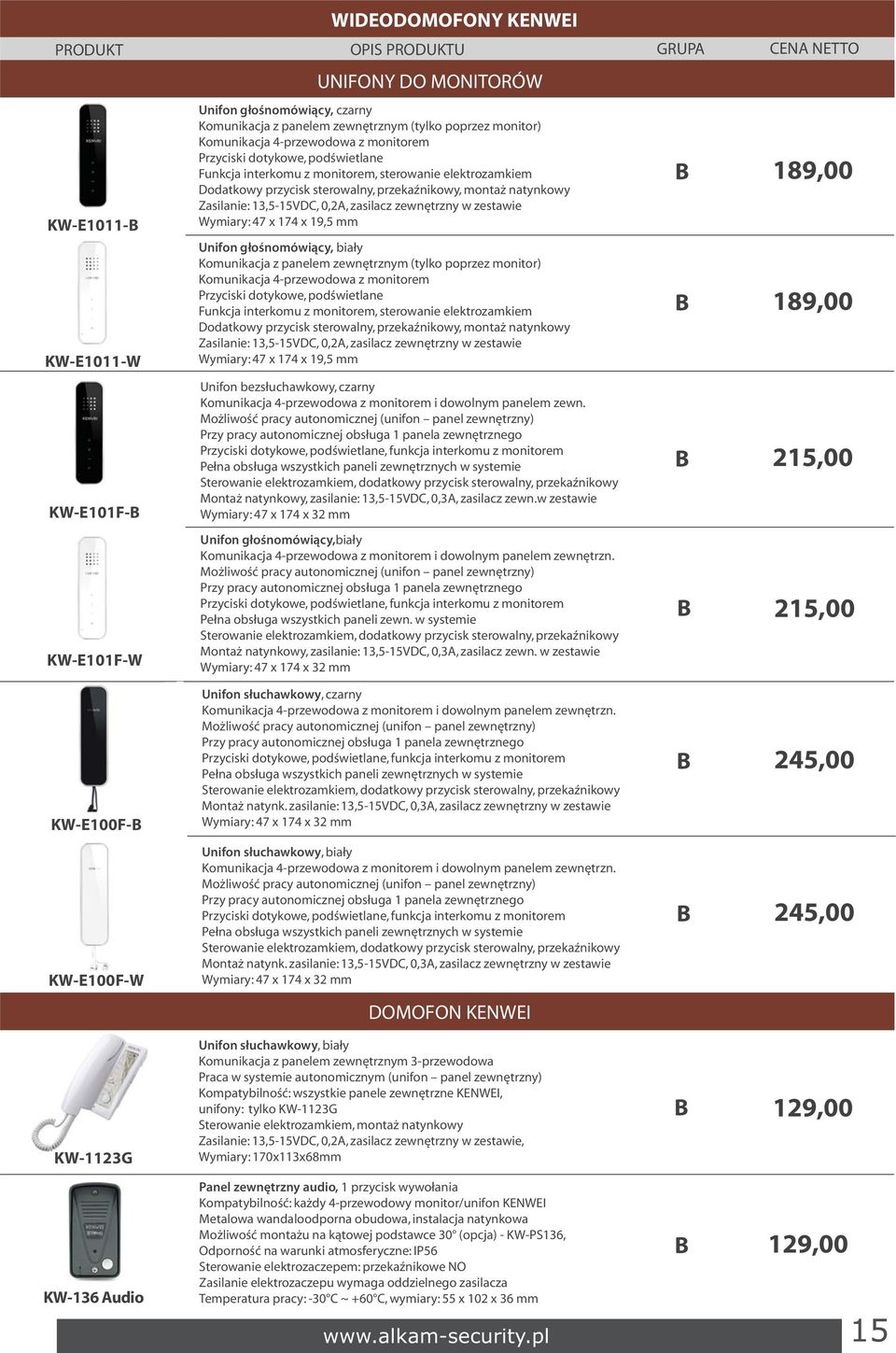 zestawie Wymiary: 47 x 174 x 19,5 mm Unifon głośnomówiący, biały Komunikacja z panelem zewnętrznym (tylko poprzez monitor) Komunikacja 4-przewodowa z monitorem Przyciski  zestawie Wymiary: 47 x 174 x
