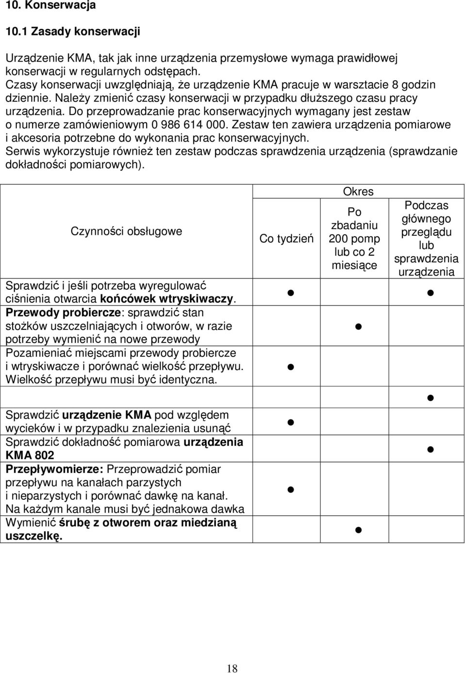 Do przeprowadzanie prac konserwacyjnych wymagany jest zestaw o numerze zamówieniowym 0 986 614 000. Zestaw ten zawiera urządzenia pomiarowe i akcesoria potrzebne do wykonania prac konserwacyjnych.