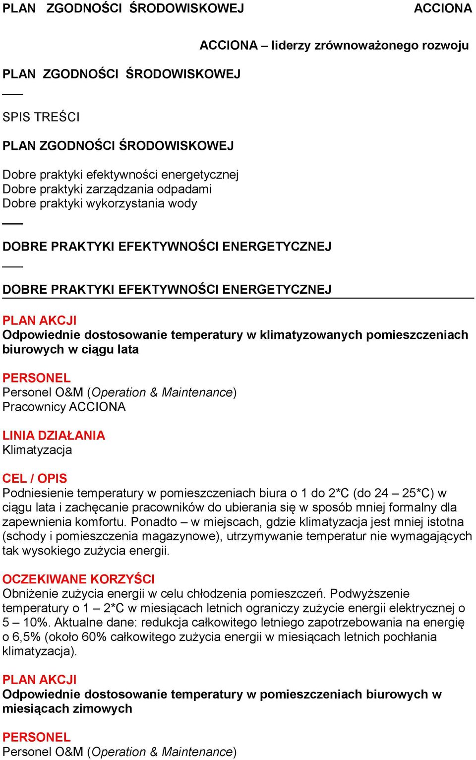 2*C (do 24 25*C) w ciągu lata i zachęcanie pracowników do ubierania się w sposób mniej formalny dla zapewnienia komfortu.