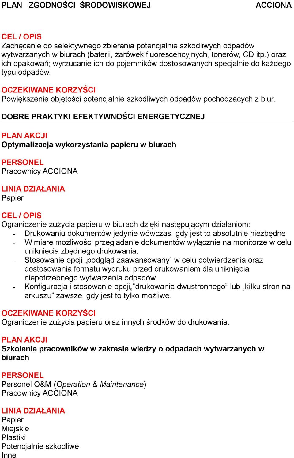 Optymalizacja wykorzystania papieru w biurach Pracownicy Papier Ograniczenie zużycia papieru w biurach dzięki następującym działaniom: - Drukowaniu dokumentów jedynie wówczas, gdy jest to absolutnie
