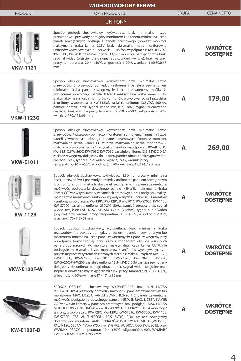 współpraca z: KW-4HP/DC, KW-560C, KW-703C, zasialnie unifonu: 13,5V z monitora, pamięć obrazu: brak, sygnał wideo (wejście): brak, sygnał audio/wideo (wyjście): brak, warunki pracy: temperatura: -20