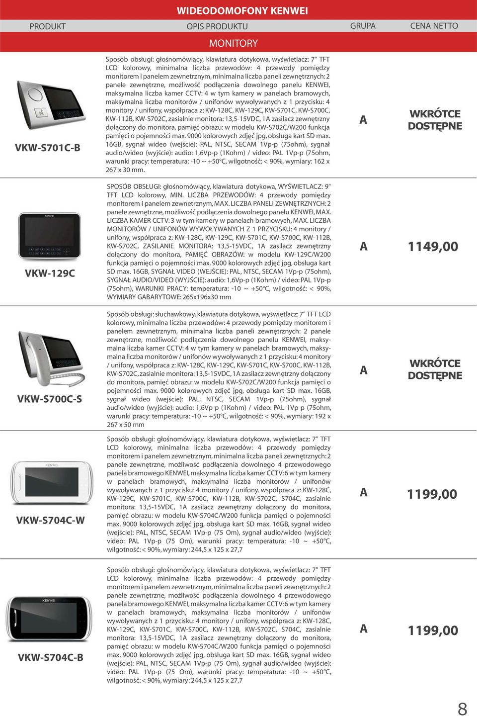 KW-128C, KW-129C, KW-S701C, KW-S700C, KW-112B, KW-S702C, zasialnie monitora: 13,5-15VDC, 1 zasilacz zewnętrzny dołączony do monitora, pamięć obrazu: w modelu KW-S702C/W200 funkcja pamięci o