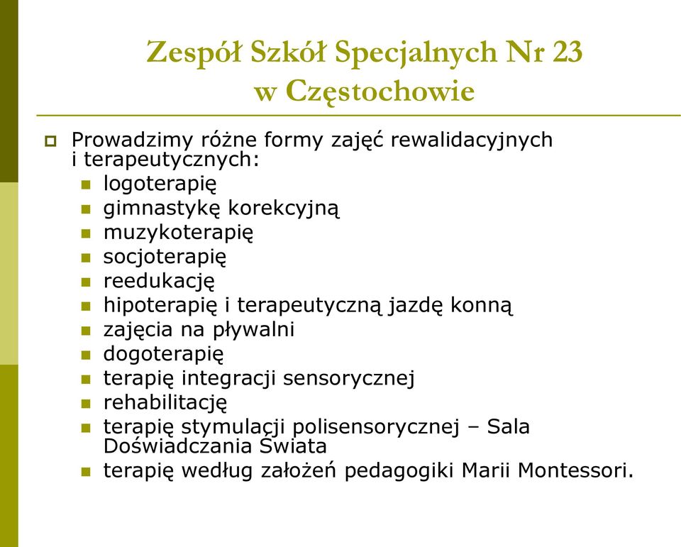terapeutyczną jazdę konną zajęcia na pływalni dogoterapię terapię integracji sensorycznej rehabilitację