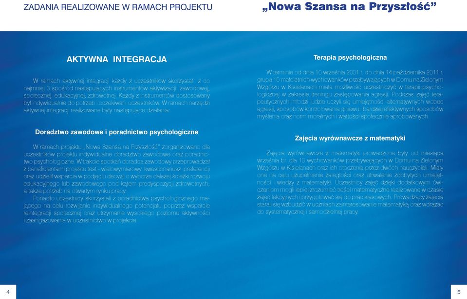 W ramach narzędzi aktywnej integracji realizowane były następujące działania: Doradztwo zawodowe i poradnictwo psychologiczne W ramach projektu Nowa Szansa na Przyszłość zorganizowano dla uczestników