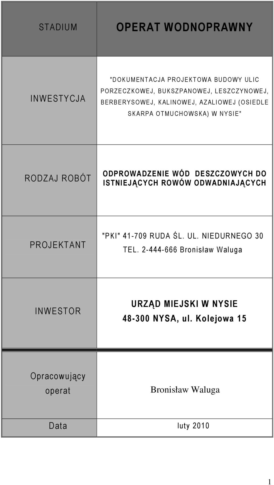 WÓD DESZCZOWYCH DO ISTNIEJĄCYCH ROWÓW ODWADNIAJĄCYCH PROJEKTANT "PKI" 41-709 RUDA ŚL. UL. NIEDURNEGO 30 TEL.