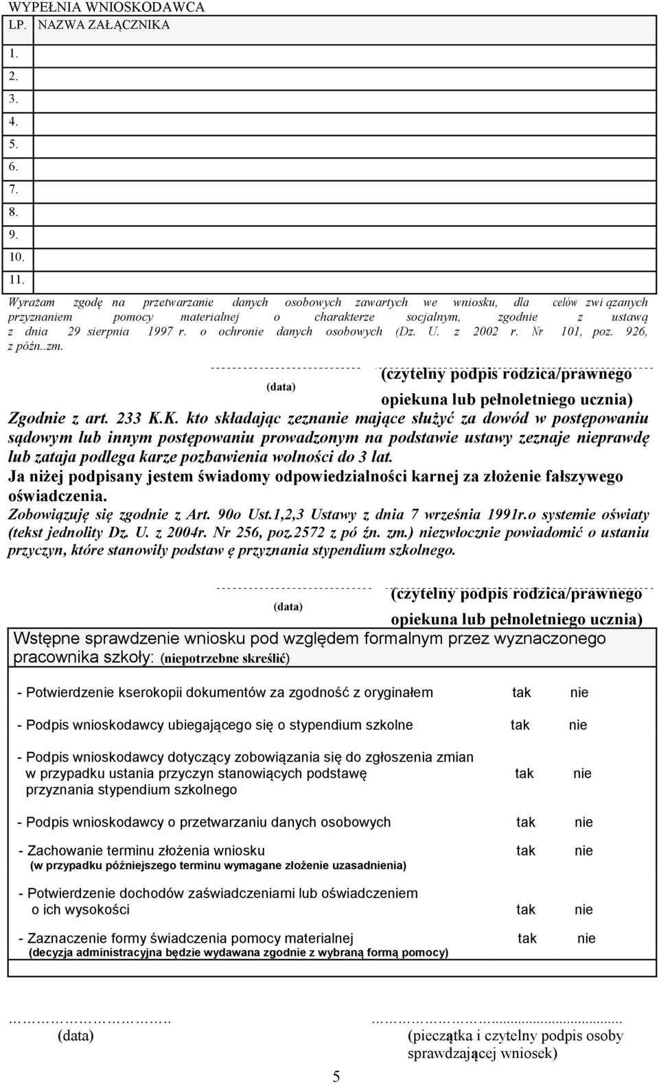 o ochronie danych osobowych (Dz. U. z 2002 r. Nr 101, poz. 926, z późn..zm. (czytelny podpis rodzica/prawnego opiekuna lub pełnoletniego ucznia) Zgodnie z art. 233 K.