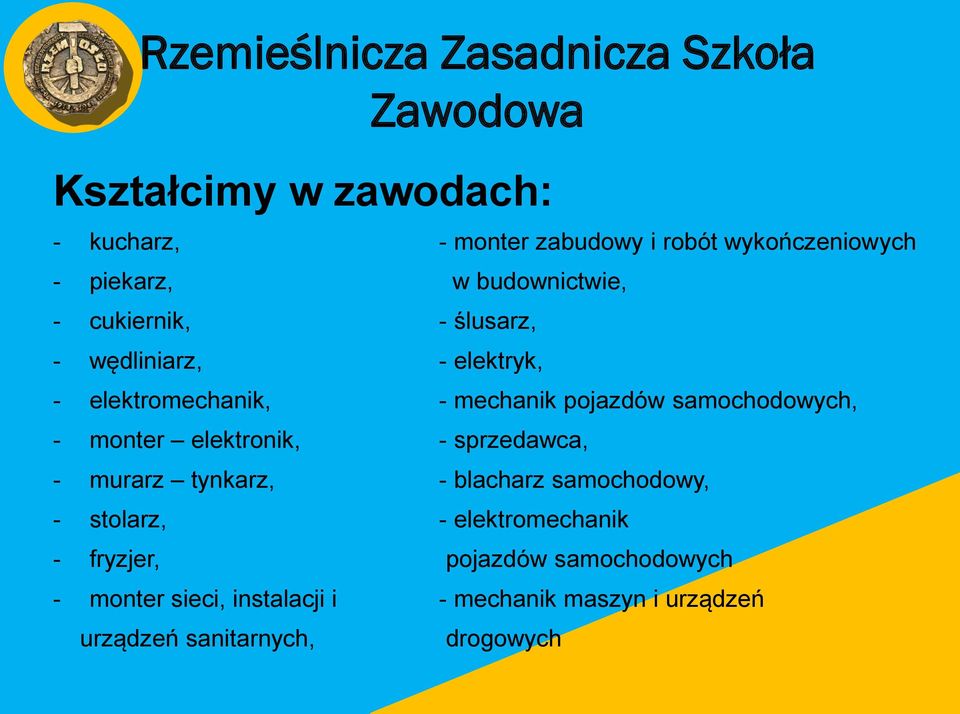 samochodowych, - monter elektronik, - sprzedawca, - murarz tynkarz, - blacharz samochodowy, - stolarz, -