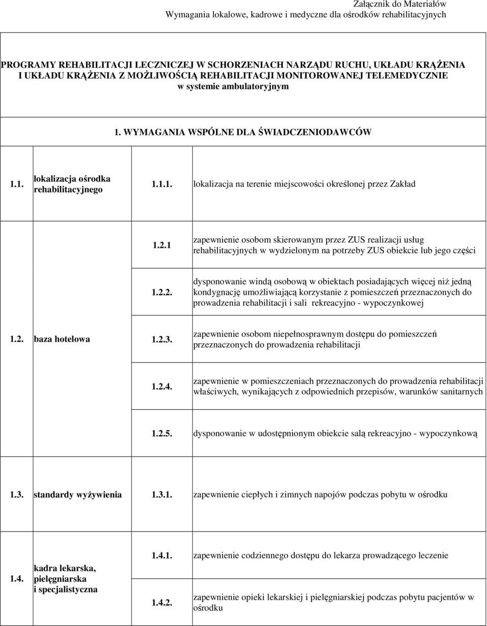 2.1 zapewnienie osobom skierowanym przez ZUS realizacji usług rehabilitacyjnych w wydzielonym na potrzeby ZUS obiekcie lub jego części 1.2.2. dysponowanie windą osobową w obiektach posiadających