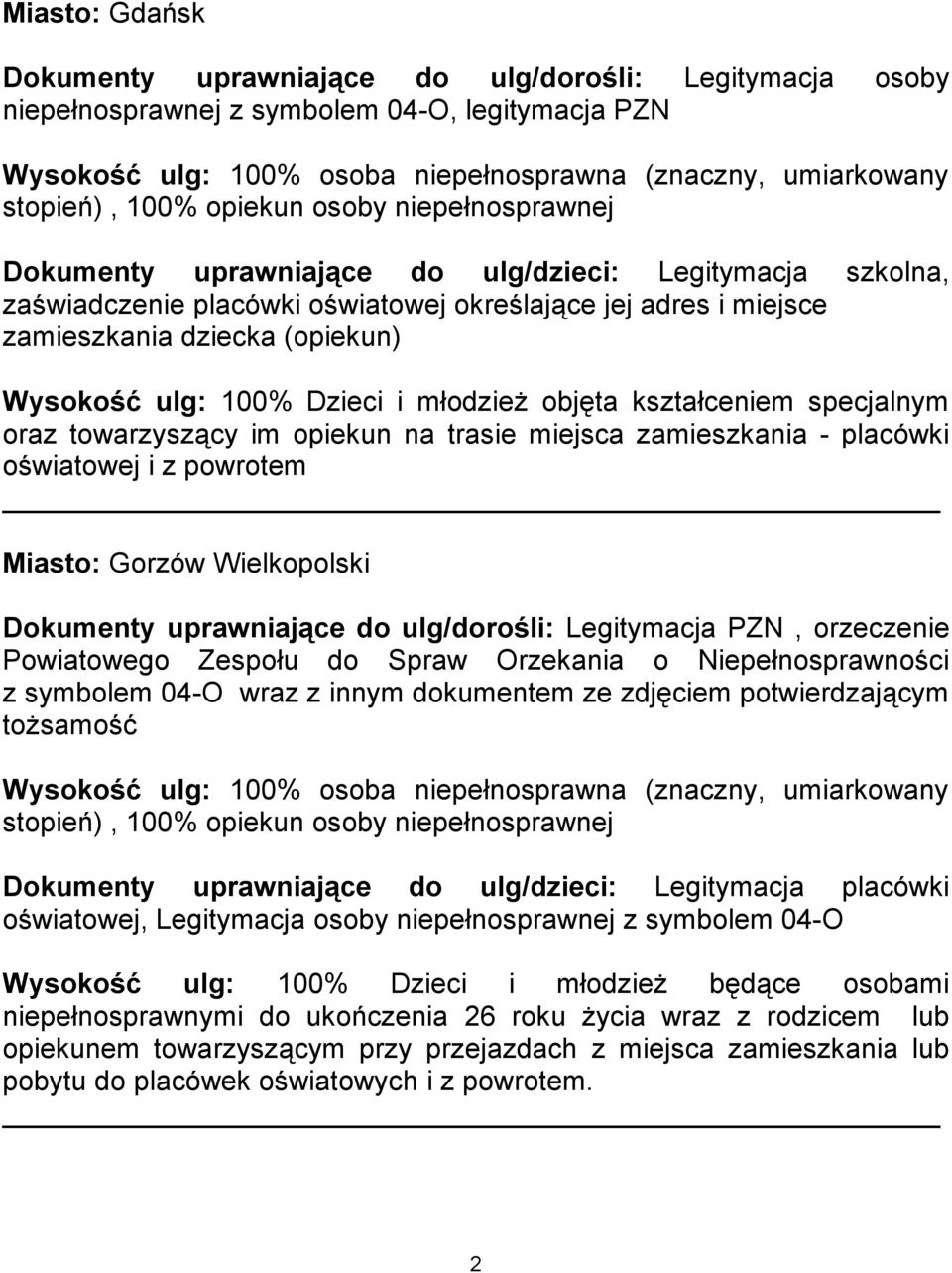 ulg/dorośli: Legitymacja PZN, orzeczenie Powiatowego Zespołu do Spraw Orzekania o Niepełnosprawności z symbolem 04-O wraz z innym dokumentem ze zdjęciem potwierdzającym tożsamość Dokumenty