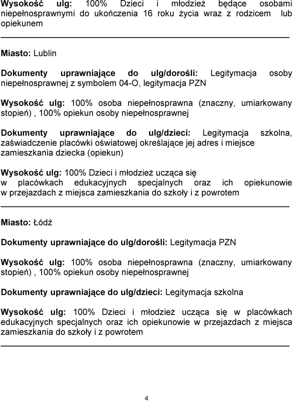 opiekunowie w przejazdach z miejsca zamieszkania do szkoły i z powrotem Miasto: Łódź Dokumenty uprawniające do ulg/dorośli: Legitymacja PZN Dokumenty uprawniające do