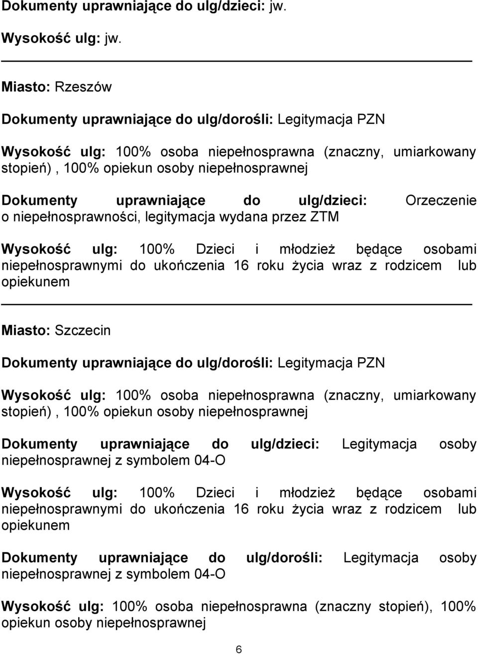 niepełnosprawności, legitymacja wydana przez ZTM niepełnosprawnymi do ukończenia 16 roku życia wraz z rodzicem lub opiekunem Miasto: