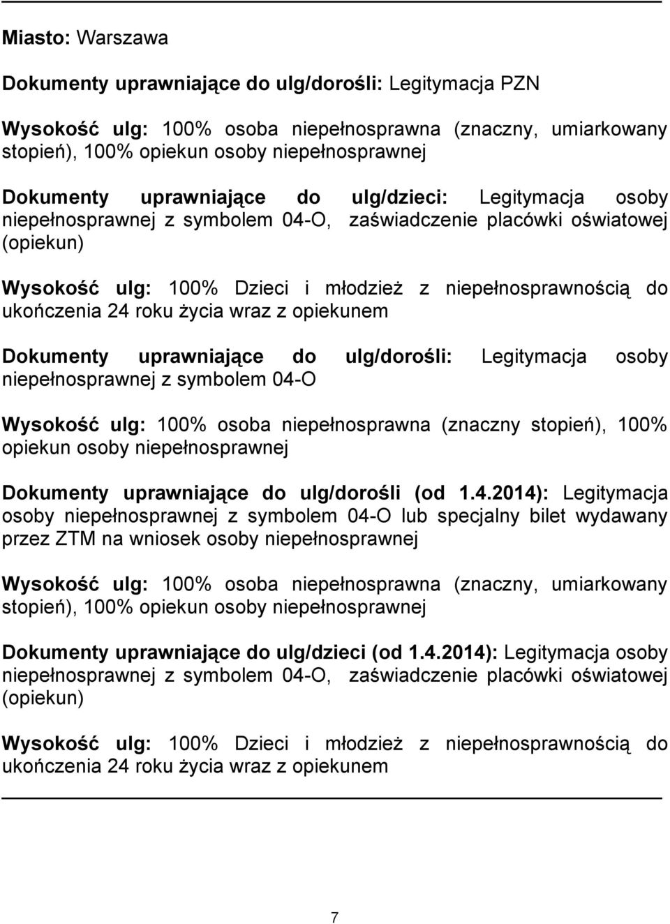 uprawniające do ulg/dorośli (od 1.4.