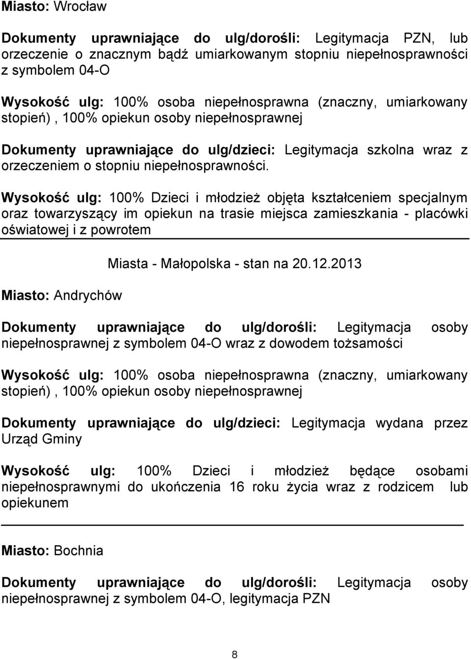 Wysokość ulg: 100% Dzieci i młodzież objęta kształceniem specjalnym oraz towarzyszący im opiekun na trasie miejsca zamieszkania - placówki oświatowej i z powrotem Miasto: