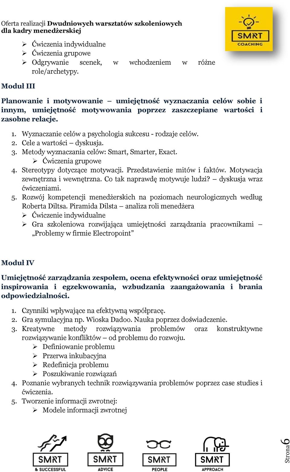 Wyznaczanie celów a psychologia sukcesu - rodzaje celów. 2. Cele a wartości dyskusja. 3. Metody wyznaczania celów: Smart, Smarter, Exact. Ćwiczenia grupowe 4. Stereotypy dotyczące motywacji.