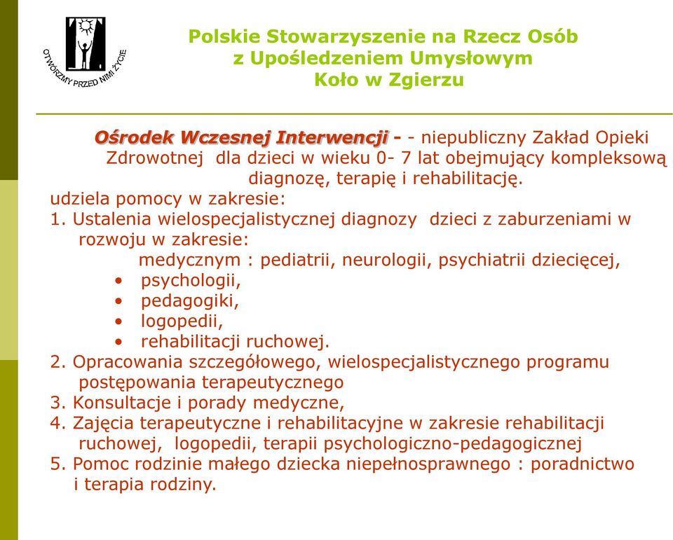 Ustalenia wielospecjalistycznej diagnozy dzieci z zaburzeniami w rozwoju w zakresie: medycznym : pediatrii, neurologii, psychiatrii dziecięcej, psychologii, pedagogiki, logopedii,