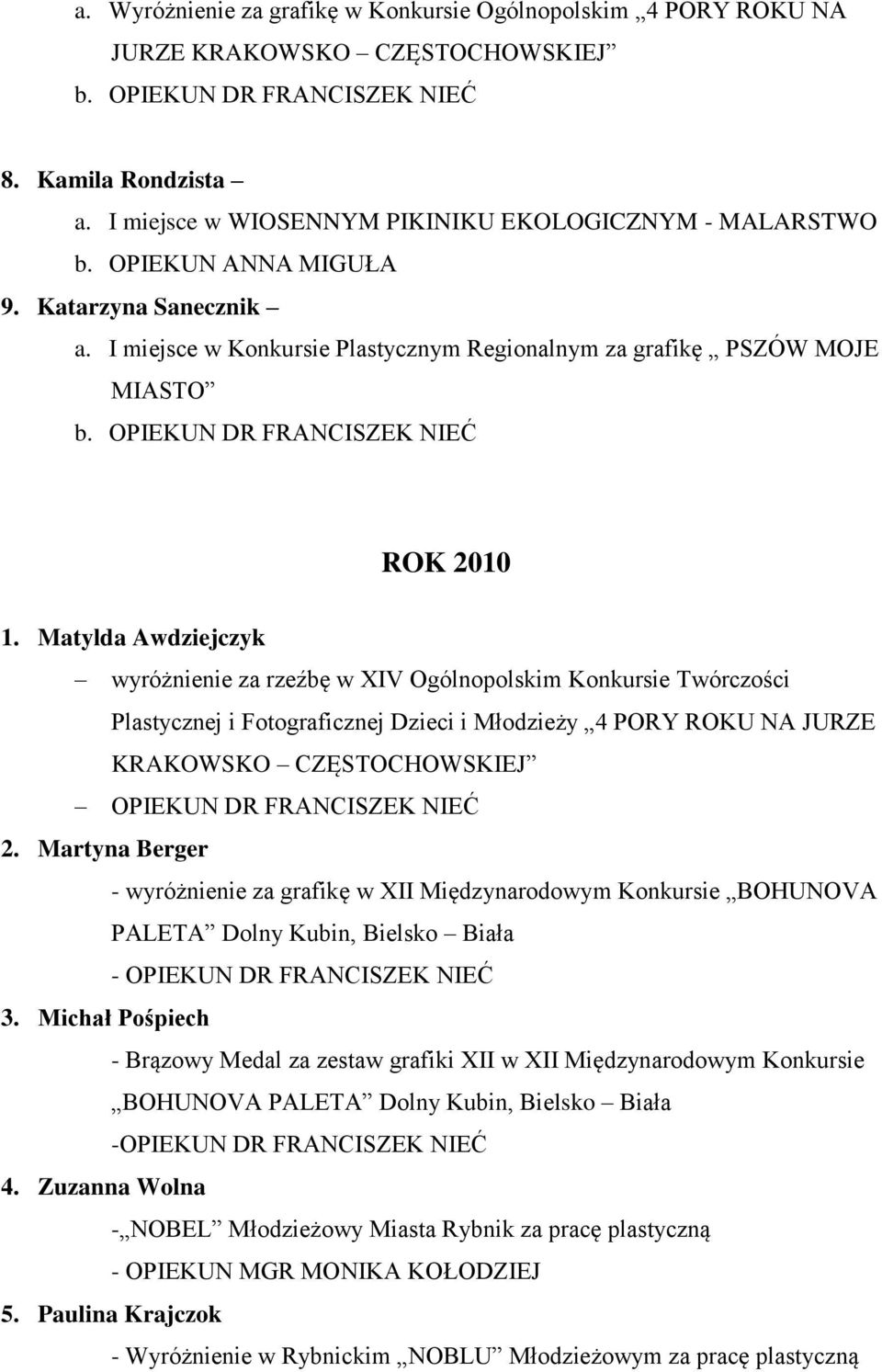 Matylda Awdziejczyk wyróżnienie za rzeźbę w XIV Ogólnopolskim Konkursie Twórczości Plastycznej i Fotograficznej Dzieci i Młodzieży 4 PORY ROKU NA JURZE KRAKOWSKO CZĘSTOCHOWSKIEJ OPIEKUN DR FRANCISZEK