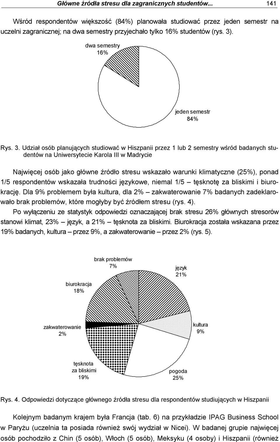 3. Udział osób planujących studiować w Hiszpanii przez lub semestry wśród badanych studentów na Uniwersytecie Karola III w Madrycie Najwięcej osób jako główne źródło stresu wskazało warunki
