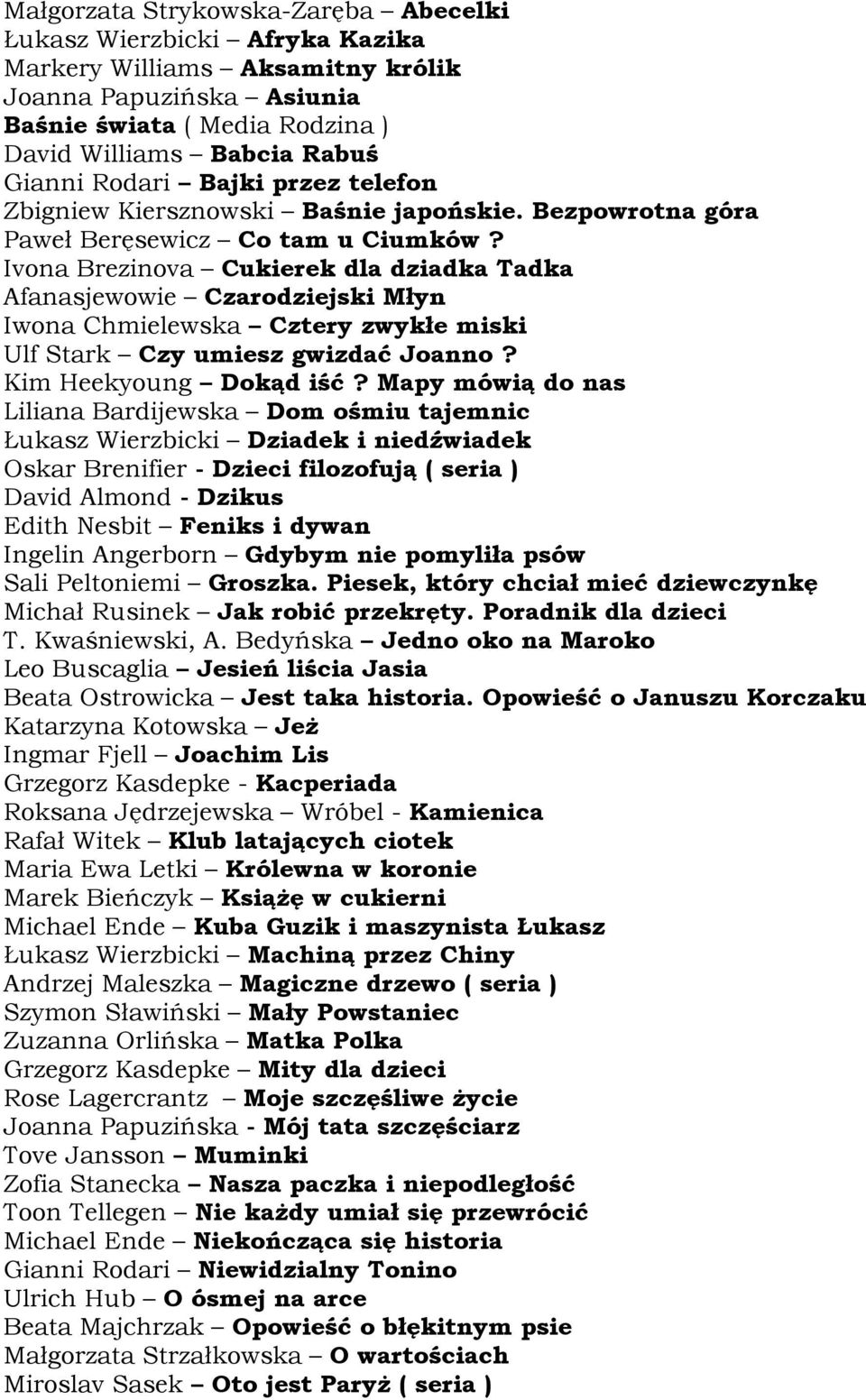 Ivona Brezinova Cukierek dla dziadka Tadka Afanasjewowie Czarodziejski Młyn Iwona Chmielewska Cztery zwykłe miski Ulf Stark Czy umiesz gwizdać Joanno? Kim Heekyoung Dokąd iść?